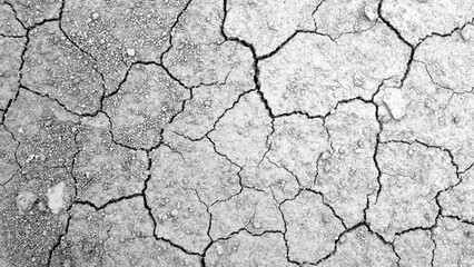 Closeup of a dry and cracked soil surface, Effects of drought, climate change, and environmental degradation. Texture and patterns of the parched earth. Droughtland background