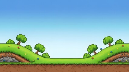 Pixel Art Rolling Hills Landscape: Game Background with Trees, Bushes, and Blue Sky
