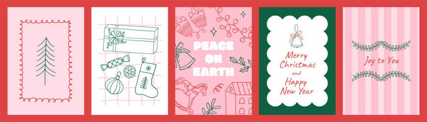 Set of holiday greeting cards featuring minimalist hand-drawn Christmas elements, including trees, gifts, stockings, bells, and festive foliage. Hand drawn illustration in sketch line style.