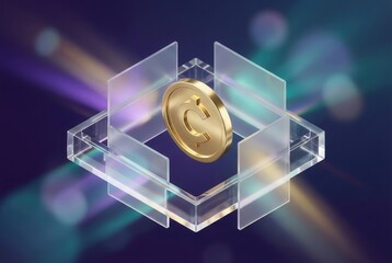 Futuristic 3D cryptocurrency concept featuring a gold coin floating inside a protective isometric frosted glass cube structure on a violet bokeh background, symbolizing digital wealth and security.