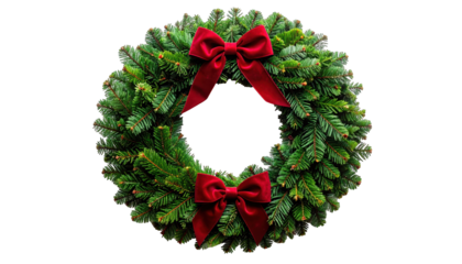 Lush green wreath with red bows, against a stark black background