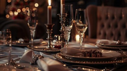 Video A formal dinner setup with candles lit, perfect for a special occasion or romantic evening