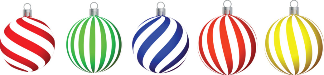 Colorful striped Christmas baubles set isolated on transparent background, glossy 3D holiday ornaments, red green blue yellow candy cane swirl balls for festive decoration and design