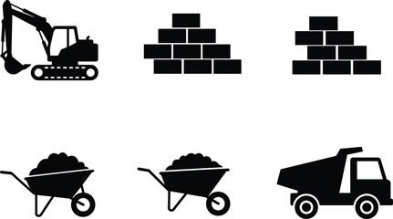 Construction equipment silhouettes, excavator icon, dump truck, wheelbarrow, bricks stack, heavy machinery, industrial labor, building site, infrastructure, engineering, transportation, materials,  © Sakib World