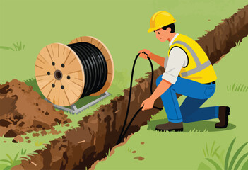 A worker in a hard hat and safety vest installs cable from a large spool in a trench