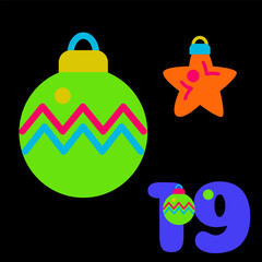 Neon colors and black advent calendar illustration in flat vector style with Christmas and New Year tree toys