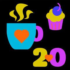 Neon colors and black advent calendar illustration in flat vector style with Christmas and New Year coffee and cake