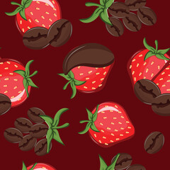 seamless pattern with ripe red strawberries with roasted coffee beans representing the taste of coffee on a red background