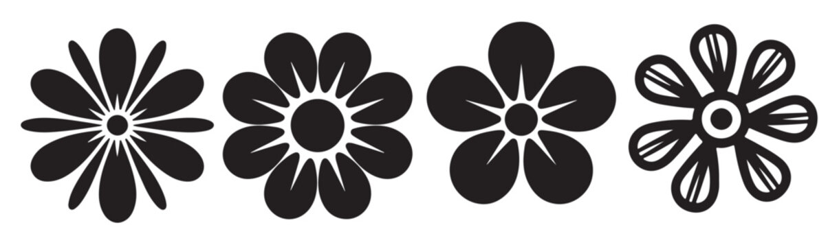  four black flower silhouettes set simple floral designs 