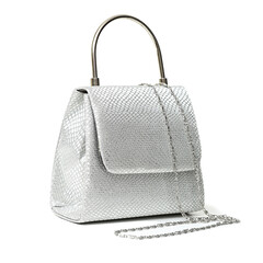Elegant silver evening clutch bag with silver hardware and snake textured finish. Luxurious box...