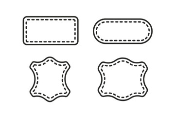 Four blank leather patch shapes with dashed stitching borders for product labels and badges