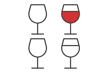 Minimalist line art wine glasses showing full, empty, and partially filled states