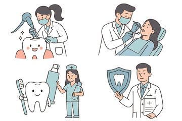 Set of scenes showing professional dental care services and oral hygiene concepts