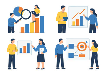 Business professionals analyzing data, setting goals, and tracking performance metrics