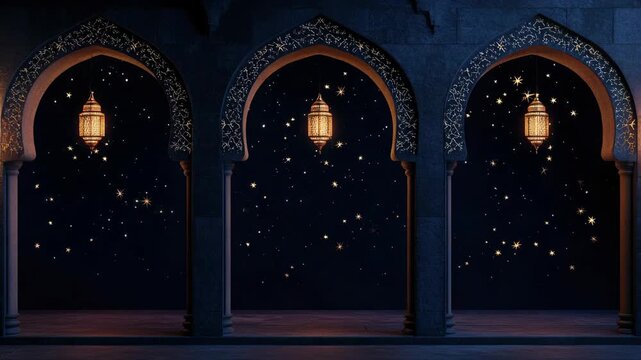 Three arches with lights hanging from them. The lights are lit up and the arches are decorated with stars