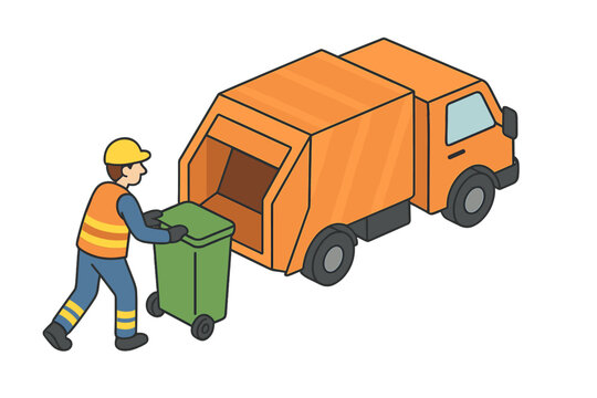 Garbage collector loading a green wheeled trash bin into an orange refuse truck