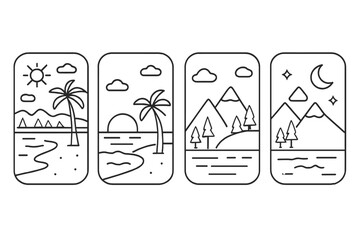 Minimalist outline scenes of tropical beaches, ocean sunsets, mountain peaks, and forest landscapes