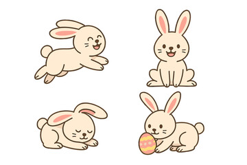Adorable cartoon rabbits collection featuring various poses including jumping, sitting, and holding an Easter egg