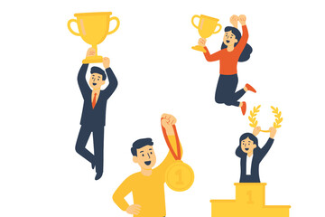 Successful business people celebrating victory and achievement with golden trophies and medals