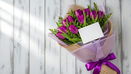 Vibrant purple tulip bouquet with blank greeting card rests on rustic white wooden planks bathed in soft sunlight creating a perfect gift backdrop