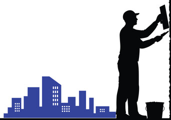 Construction worker silhouette, plastering wall, city skyline, urban development, manual labor, building industry, occupational safety, craftsmanship, renovation work, teamwork concept