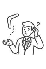 Confused businessman reacting to a returning boomerang symbolizing unexpected consequences