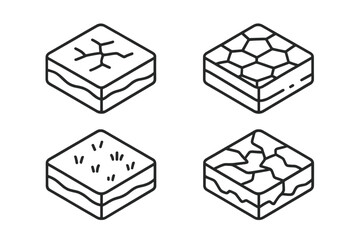 Set of four isometric icons illustrating various soil textures and ground surfaces