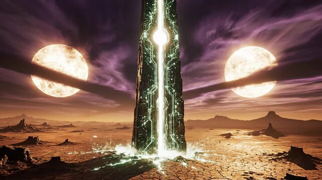 Ancient monolithic AI awakens on a desolate alien planet with twin celestial bodies and a radiant energy pillar