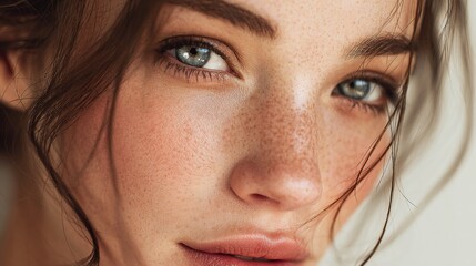 Fototapeta premium Close-Up Portrait of a Young Woman with Freckles and Blue Eyes, Soft Natural Makeup, Capturing Tender Expression and Delicate Features in Warm Light