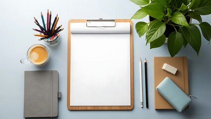 Overhead view of a clean wooden desk workspace featuring a blank clipboard coffee pencils and a vibrant green potted plant
