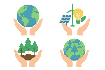 Hands holding planet Earth with renewable energy, trees, and recycling symbols for sustainability