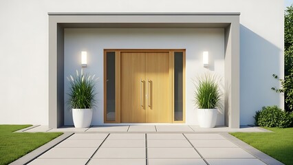 Modern minimalist home entrance featuring a striking natural wood double door flanked by tall white planters and contemporary exterior lighting fixtures