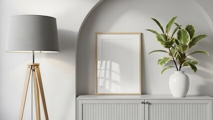 Mockup of a vertical blank picture frame with natural light shadows next to a tripod floor lamp and variegated houseplant