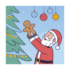 Santa claus decorating christmas tree with gingerbread man and colorful ornaments on a light blue background