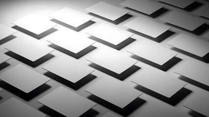 Blank white credit card mockups float above a clean surface with dramatic spotlighting creating deep shadows for design presentation