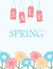 Banner with spring flowers and tags with a special offer and the text Spring Sale