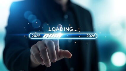 Businessman interacts with a futuristic digital loading bar transitioning from the year 2025 toward the goal of 2026 symbolizing progress and future planning