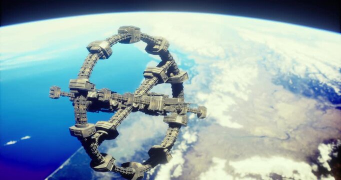 A futuristic space station floats in low Earth orbit, showcasing intricate designs and structures. The blue oceans and green landmass of Earth are beautifully visible in the background.