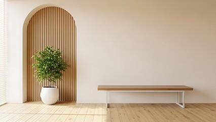 Minimalist interior design featuring a modern wooden bench and a lush potted plant set against a neutral wall with architectural arch detail