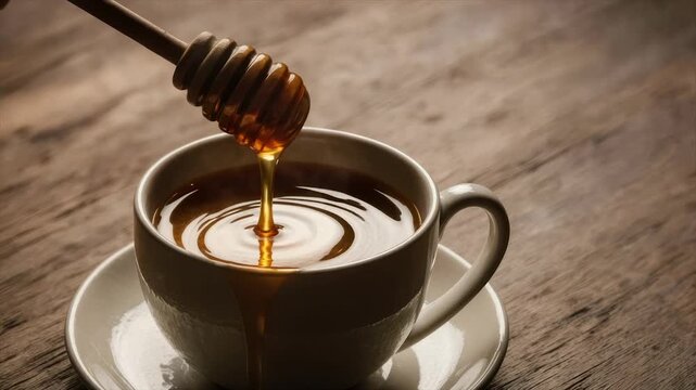 Honey drizzled into a cup of tea, the spoon is dripping golden nectar