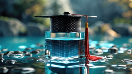 A graduation cap resting on a reflective cube in a tranquil water setting surrounded by stones