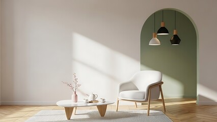 Minimalist living room interior design featuring a white armchair a modern coffee table and soft natural light streaming through the window