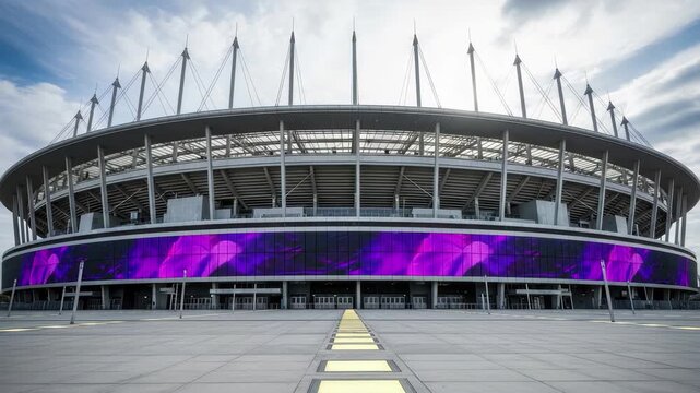 Modern stadium exterior with vibrant purple digital display lights up the sky 4k high quality footage