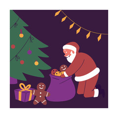 Santa claus putting gingerbread men into a purple sack next to a christmas tree and presents on a dark background