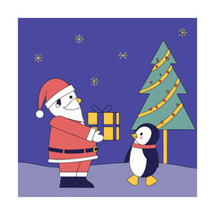 Santa claus giving a gift to a penguin standing next to a christmas tree on a snowy night