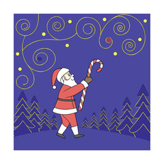 A cartoon illustration of santa claus holding a large candy cane under a whimsical starry night sky with swirling yellow lines and dots, surrounded by trees