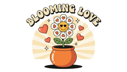 Retro Blooming Love Flower in Pot with Hearts and Starbursts, Groovy Style
