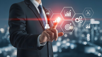 Business professional interacting with digital data and futuristic technology interface