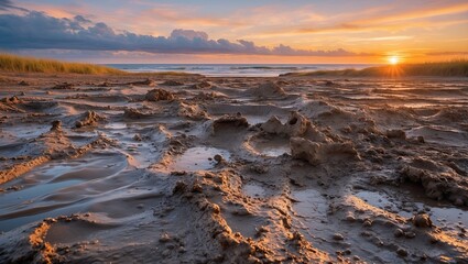 Obraz premium Sandy coastline at sunset with reflective pools and soft clouds in the background, creating a serene atmosphere
