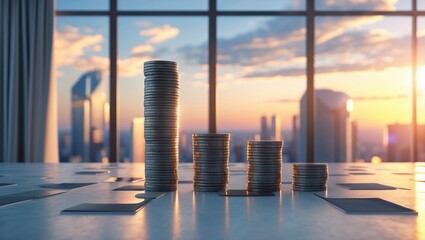 Stacks of coins on a table with a city skyline view during sunset, symbolizing financial growth and investment